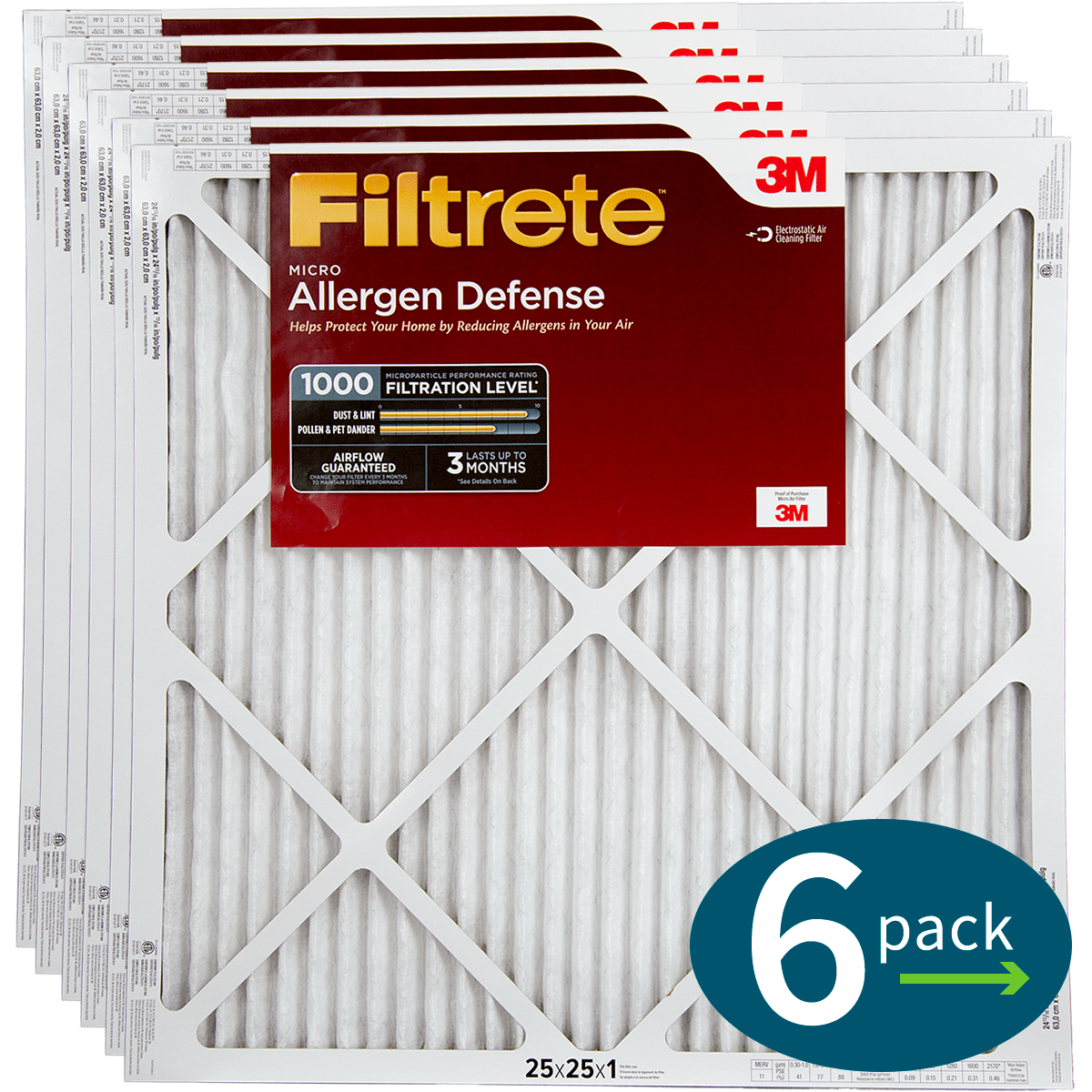 3m Filtrete 1-inch Micro Allergen Defense Mpr 1000 Air Filters 25x25x1 6-pack