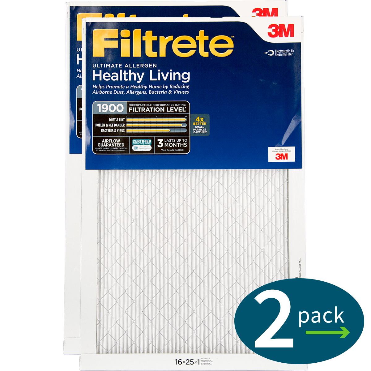 3m Filtrete Healthy Living 1900 Mpr Ultimate Allergen Reduction Filters 16x25x1 2-pack