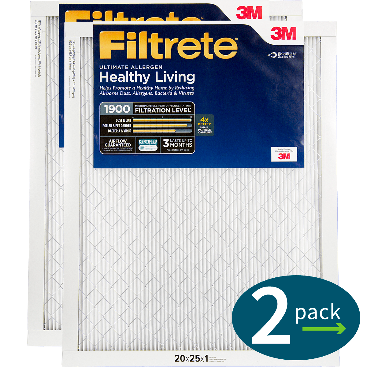 3m Filtrete Healthy Living 1900 Mpr Ultimate Allergen Reduction Filters 20x25x1 2-pack