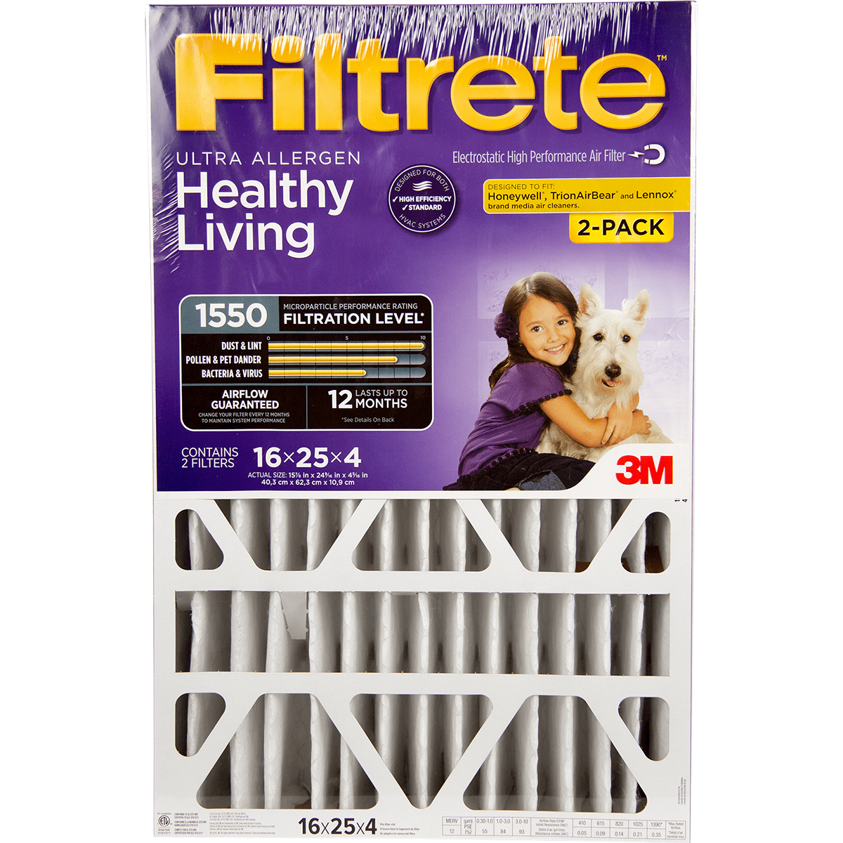3m Filtrete Healthy Living 1550 Mpr Ultra Allergen Reduction Filters 16x25x4 2-pk