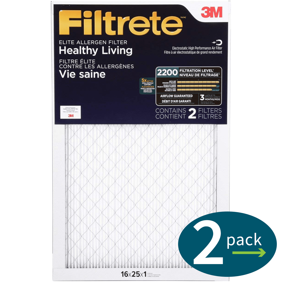 3m Filtrete Elite Allergen Reduction Mpr 2200 Air Filters, 16x25x1 (2 Pack)