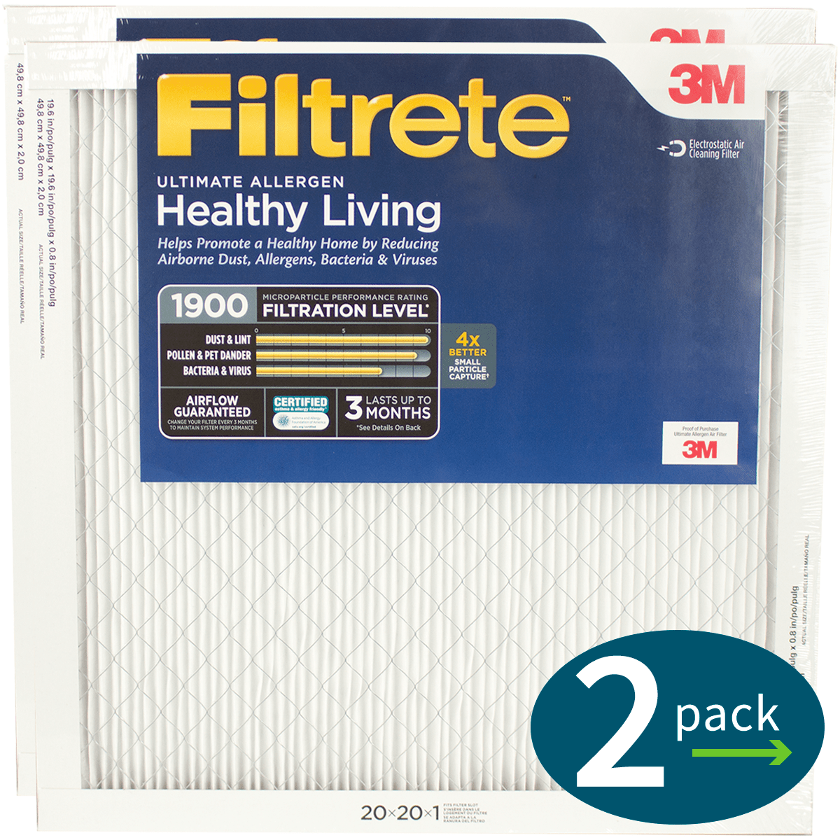 3m Filtrete Healthy Living 1900 Mpr Ultimate Allergen Reduction Filters 20x20x1 2-pack